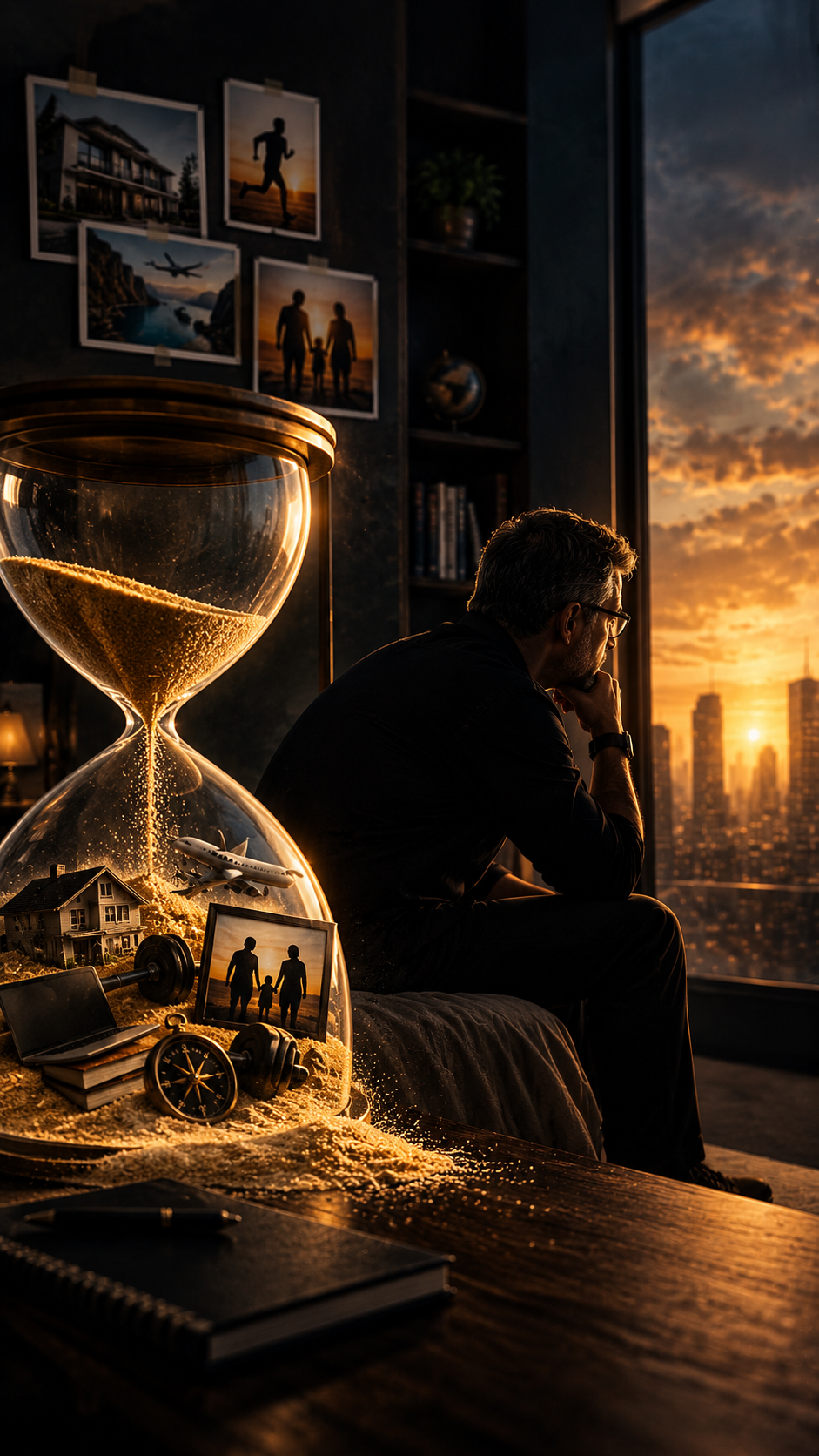 Homem contemplando uma ampulheta iluminada ao entardecer, simbolizando o tempo e as escolhas