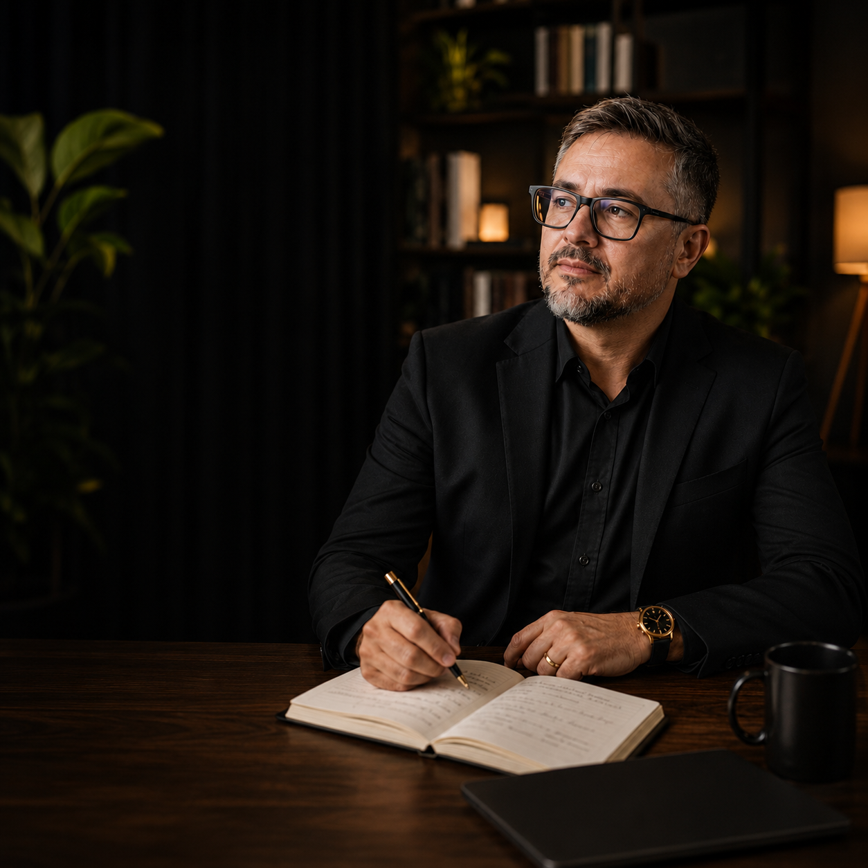 Sérgio Araújo em seu escritório, escrevendo em um caderno