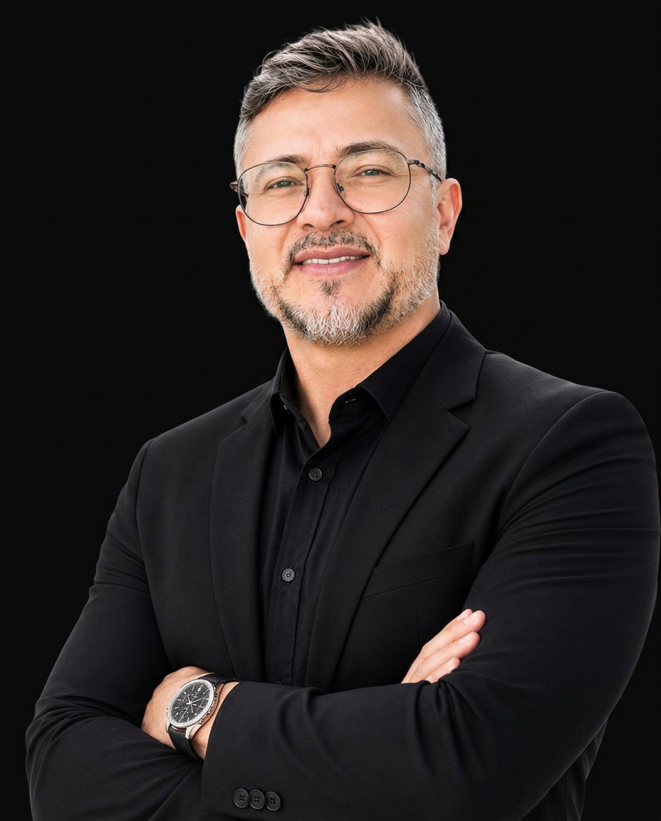 Retrato de Sérgio Araújo em terno preto sobre fundo preto